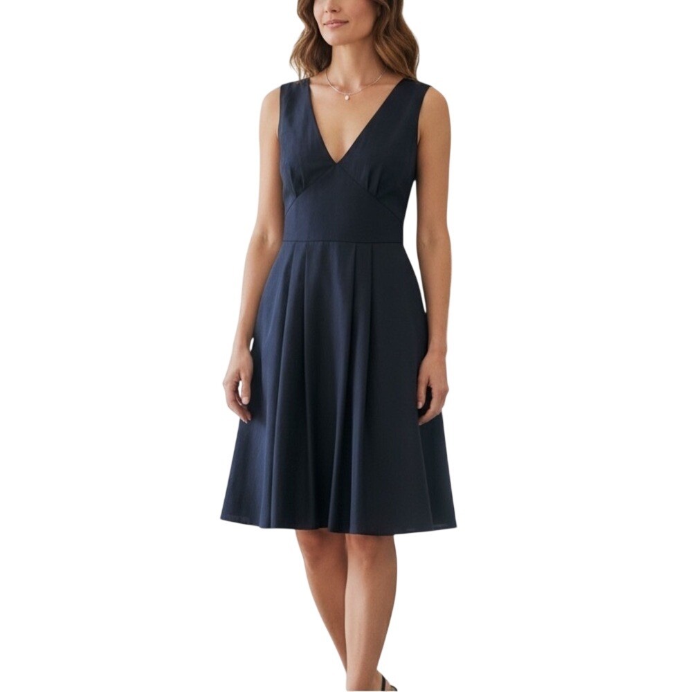 Prada Navy Blue V-Neck Pleated Fit and Flare Sleeveless Dress Italy 44